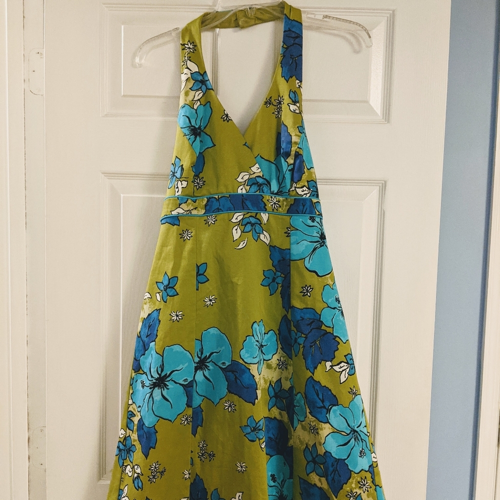 Vintage Halter Swing Dress with floral print, Green, Blue, Hawaiian, Retro